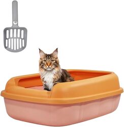 Semi-enclosed cat litter box large space, Removable, Slip resistant with litter scoop, Suitable for medium large cats, Anti-splashing with raised fence (Orange and Pink Color) 46 cm L